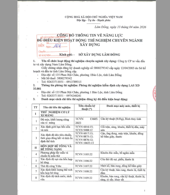 Công Bố Thông Tin Năng Lực Đủ Điều Kiện Hoạt Động Thí Nghiệm Chuyên Ngành Xây Dựng